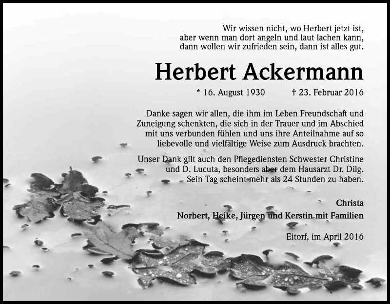 Traueranzeige für Herbert Ackermann vom 23.04.2016 aus Kölner Stadt-Anzeiger / Kölnische Rundschau / Express
