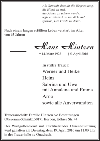 Anzeige von Hans Hintzen von  Sonntags-Post 
