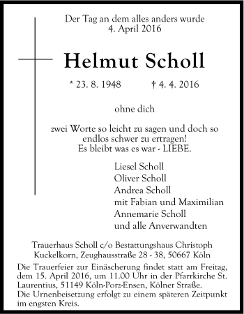 Anzeige von Helmut Scholl von Kölner Stadt-Anzeiger / Kölnische Rundschau / Express