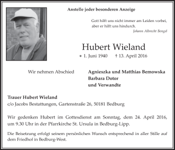 Anzeige von Hubert Wieland von  Werbepost 