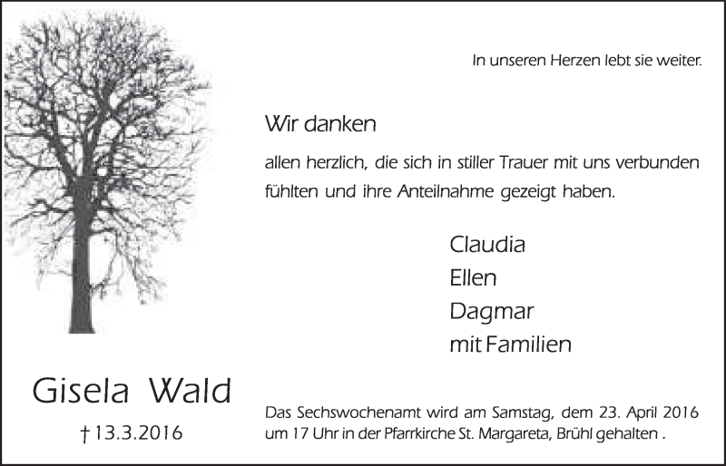  Traueranzeige für Gisela Wald vom 20.04.2016 aus  Schlossbote/Werbekurier 