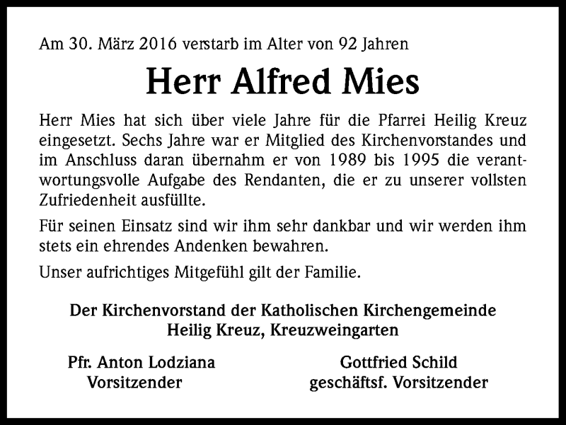  Traueranzeige für Alfred Mies vom 09.04.2016 aus Kölner Stadt-Anzeiger / Kölnische Rundschau / Express