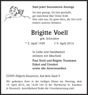 Anzeige von Brigitte Voell von  Blickpunkt Euskirchen 