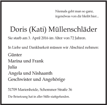 Anzeige von Doris Müllenschläder von  Anzeigen Echo 