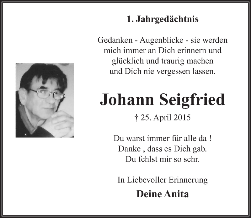  Traueranzeige für Johann Seigfried vom 23.04.2016 aus  Rhein-Sieg-Wochenende 