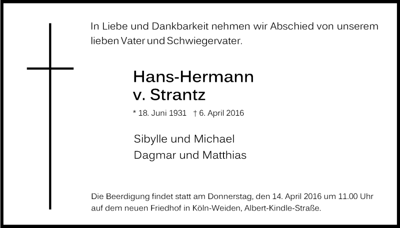  Traueranzeige für Hans-Hermann v. Strantz vom 09.04.2016 aus Kölner Stadt-Anzeiger / Kölnische Rundschau / Express