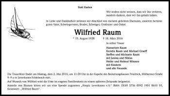 Anzeige von Wilfried Raum von Kölner Stadt-Anzeiger / Kölnische Rundschau / Express
