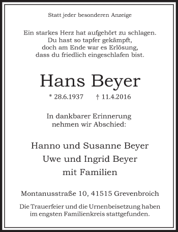 Anzeige von Hans Beyer von  Werbepost 