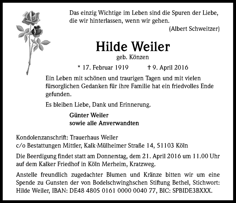  Traueranzeige für Hilde Weiler vom 16.04.2016 aus Kölner Stadt-Anzeiger / Kölnische Rundschau / Express