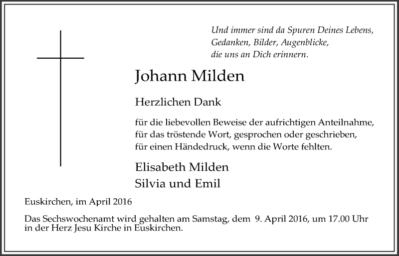  Traueranzeige für Johann Milden vom 02.04.2016 aus  Blickpunkt Euskirchen 