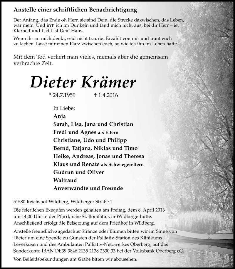  Traueranzeige für Dieter Krämer vom 06.04.2016 aus  Lokalanzeiger 
