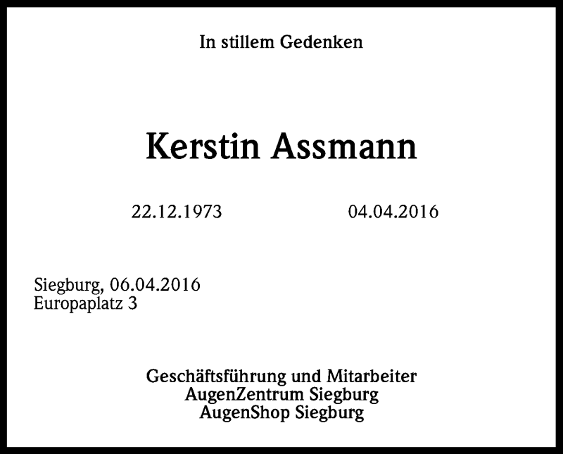  Traueranzeige für Kerstin Assmann vom 09.04.2016 aus Kölner Stadt-Anzeiger / Kölnische Rundschau / Express