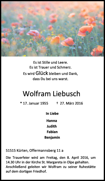 Anzeige von Wolfram Liebusch von Kölner Stadt-Anzeiger / Kölnische Rundschau / Express