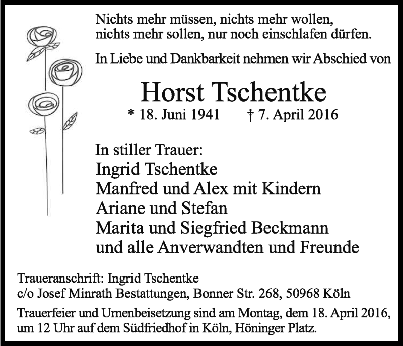  Traueranzeige für Horst Tschentke vom 13.04.2016 aus Kölner Stadt-Anzeiger / Kölnische Rundschau / Express