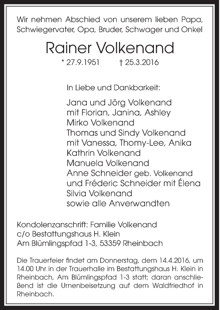  Traueranzeige für Rainer Volkenand vom 13.04.2016 aus  Schaufenster/Blickpunkt 