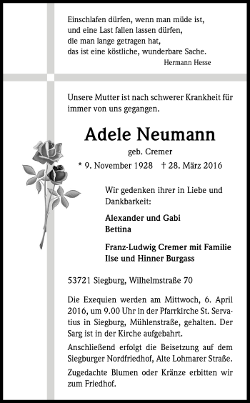 Anzeige von Adele Neumann von Kölner Stadt-Anzeiger / Kölnische Rundschau / Express