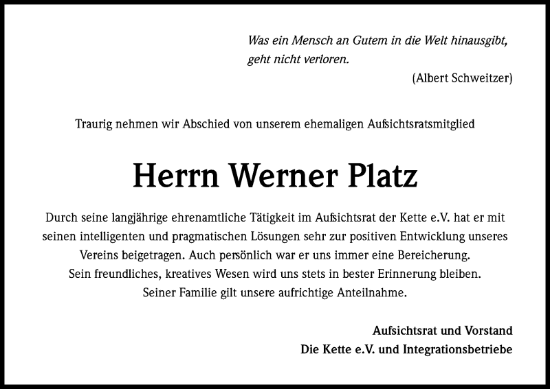  Traueranzeige für Werner Platz vom 09.04.2016 aus Kölner Stadt-Anzeiger / Kölnische Rundschau / Express