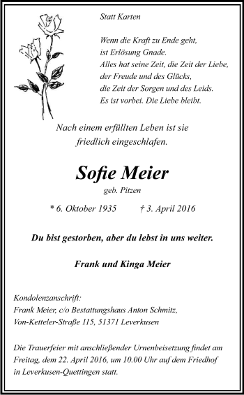 Anzeige von Sofie Meier von Kölner Stadt-Anzeiger / Kölnische Rundschau / Express