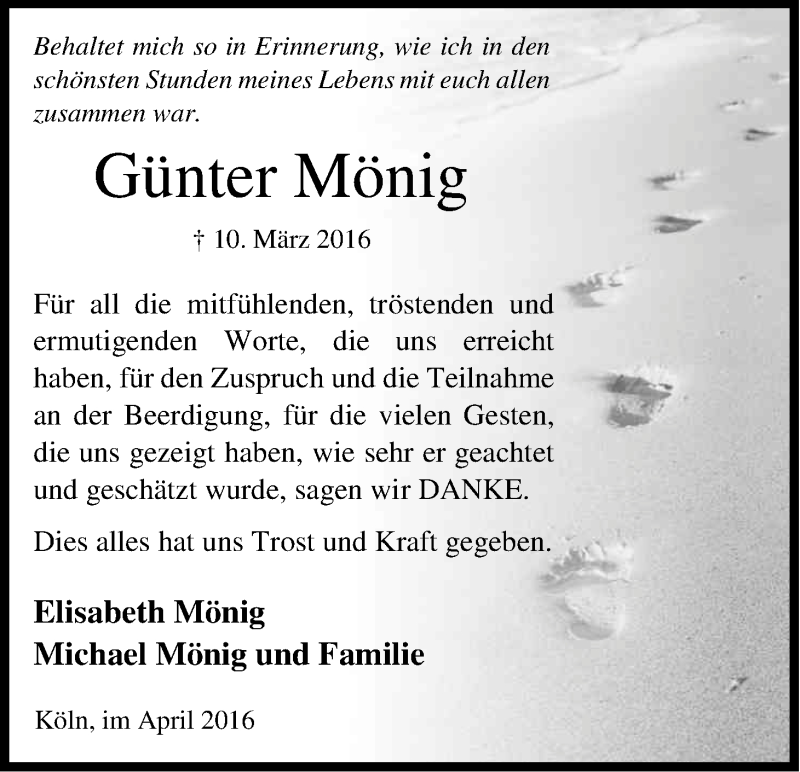  Traueranzeige für Günter Mönig vom 23.04.2016 aus Kölner Stadt-Anzeiger / Kölnische Rundschau / Express