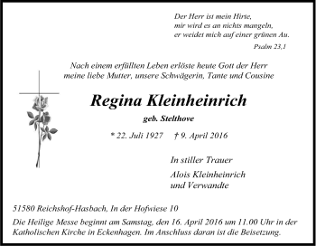 Anzeige von Regina Kleinheinrich von Kölner Stadt-Anzeiger / Kölnische Rundschau / Express
