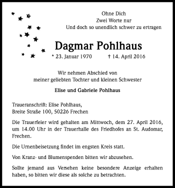 Anzeige von Dagmar Pohlhaus von Kölner Stadt-Anzeiger / Kölnische Rundschau / Express