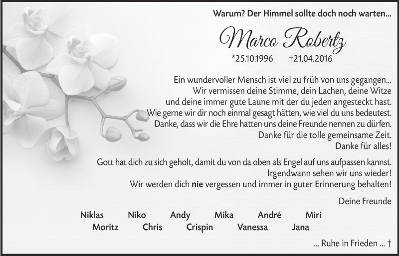  Traueranzeige für Marco Robertz vom 30.04.2016 aus  Rhein-Sieg-Wochenende 