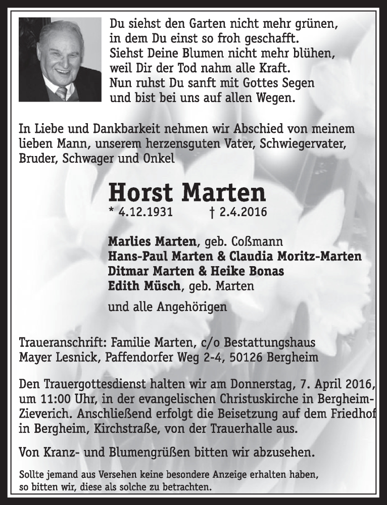  Traueranzeige für Horst Marten vom 06.04.2016 aus  Werbepost 