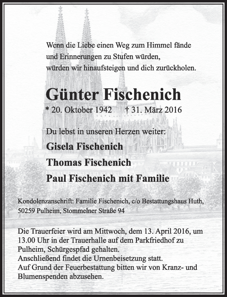  Traueranzeige für Günter Fischenich vom 09.04.2016 aus  Sonntags-Post 
