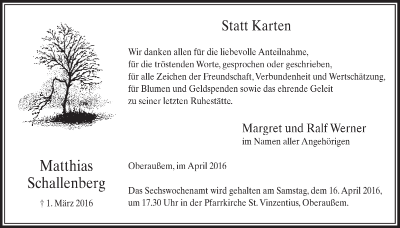  Traueranzeige für Matthias Schallenberg vom 09.04.2016 aus  Sonntags-Post 