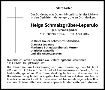 Anzeige von Helga Schmalzgrüber-Leparulo von Kölner Stadt-Anzeiger / Kölnische Rundschau / Express