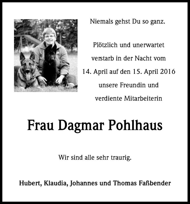  Traueranzeige für Dagmar Pohlhaus vom 23.04.2016 aus Kölner Stadt-Anzeiger / Kölnische Rundschau / Express