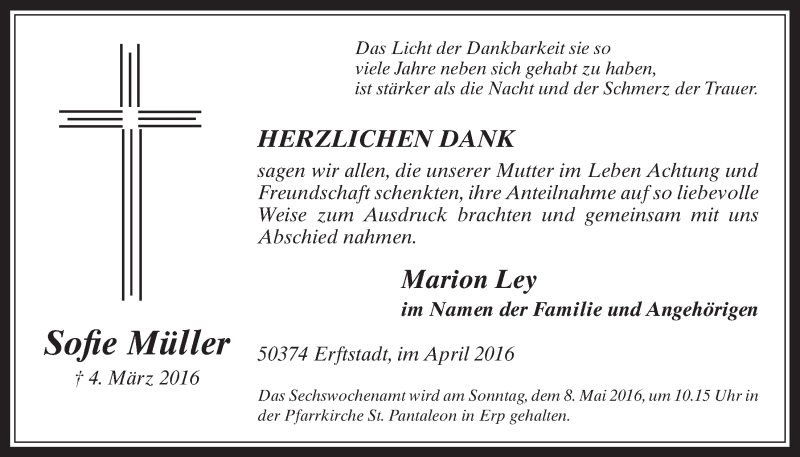  Traueranzeige für Sofie Müller vom 20.04.2016 aus  Werbepost 