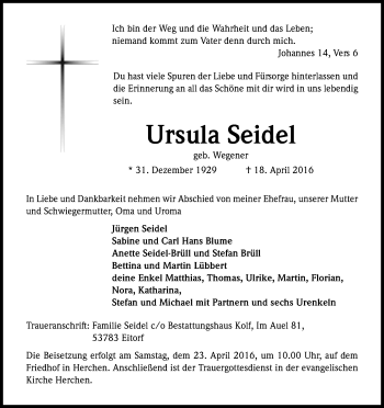 Anzeige von Ursula Seidel von Kölner Stadt-Anzeiger / Kölnische Rundschau / Express