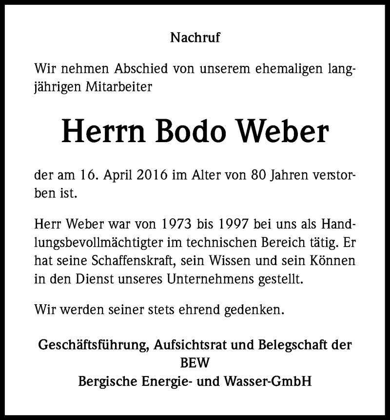 Traueranzeige für Bodo Weber vom 22.04.2016 aus Kölner Stadt-Anzeiger / Kölnische Rundschau / Express