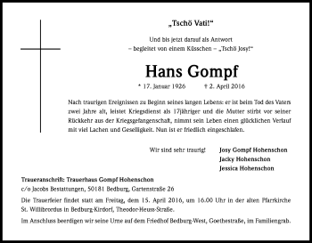 Anzeige von Hans Gompf von Kölner Stadt-Anzeiger / Kölnische Rundschau / Express