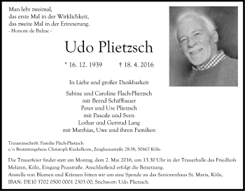 Anzeige von Udo Plietzsch von Kölner Stadt-Anzeiger / Kölnische Rundschau / Express
