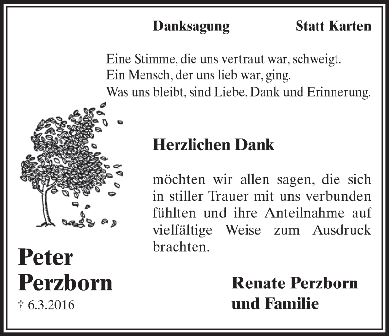  Traueranzeige für Peter Perzborn vom 13.04.2016 aus  Schlossbote/Werbekurier 
