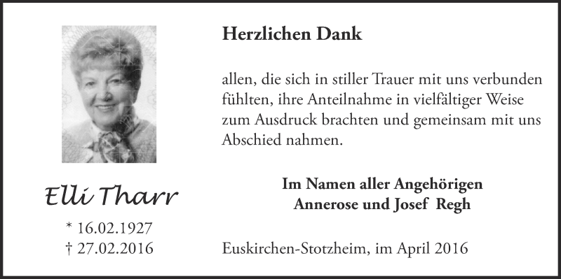  Traueranzeige für Elli Tharr vom 09.04.2016 aus  Blickpunkt Euskirchen 