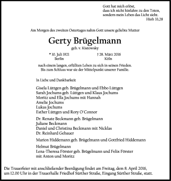 Anzeige von Gerty Brügelmann von Kölner Stadt-Anzeiger / Kölnische Rundschau / Express