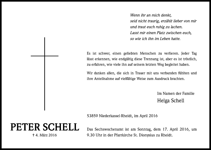  Traueranzeige für Peter Schell vom 09.04.2016 aus Kölner Stadt-Anzeiger / Kölnische Rundschau / Express