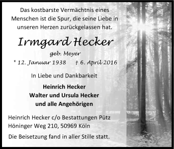 Anzeige von Irmgard Hecker von Kölner Stadt-Anzeiger / Kölnische Rundschau / Express