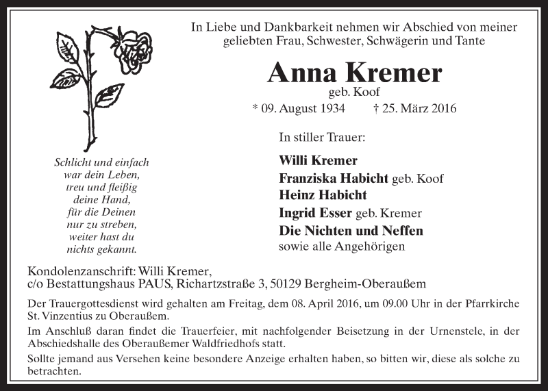  Traueranzeige für Anna Kremer vom 06.04.2016 aus  Werbepost 