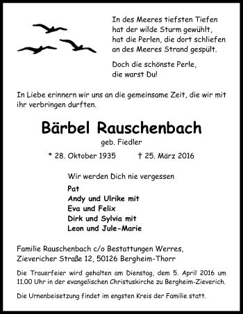 Anzeige von Bärbel Rauschenbach von Kölner Stadt-Anzeiger / Kölnische Rundschau / Express