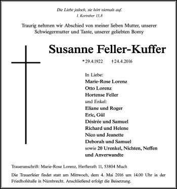 Anzeige von Susanne Feller-Kuffer von  Lokalanzeiger 