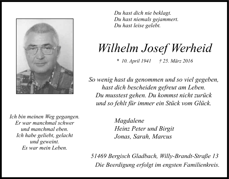  Traueranzeige für Wilhelm Josef Werheid vom 09.04.2016 aus Kölner Stadt-Anzeiger / Kölnische Rundschau / Express
