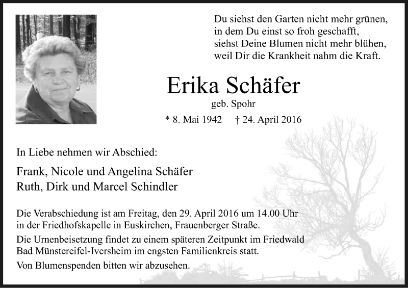  Traueranzeige für Erika Schäfer vom 27.04.2016 aus Kölner Stadt-Anzeiger / Kölnische Rundschau / Express
