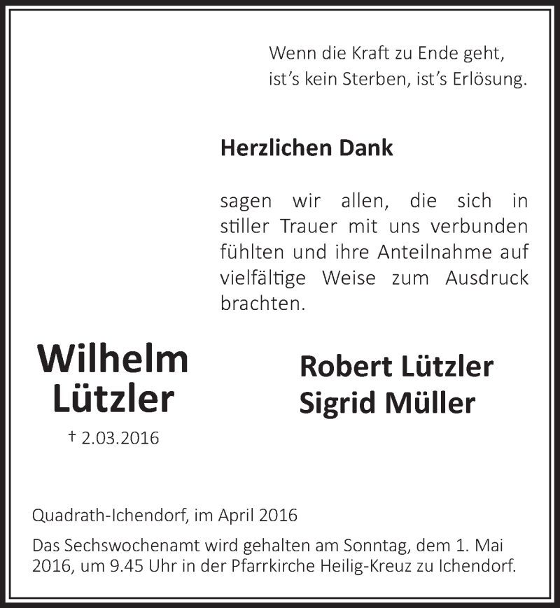  Traueranzeige für Wilhelm Lützler vom 16.04.2016 aus  Sonntags-Post 