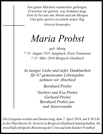 Anzeige von Maria Probst von Kölner Stadt-Anzeiger / Kölnische Rundschau / Express