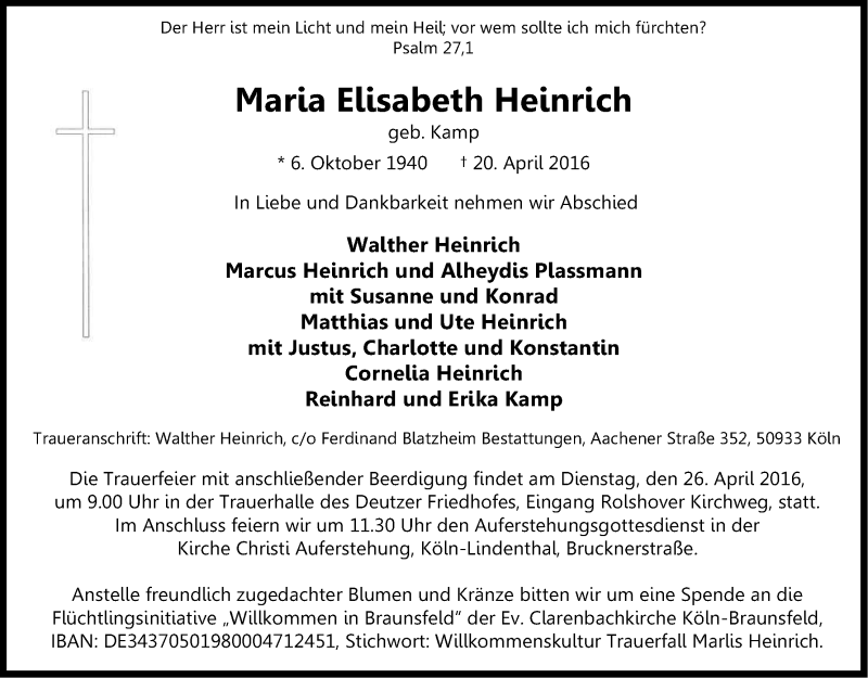  Traueranzeige für Maria Elisabeth Heinrich vom 22.04.2016 aus Kölner Stadt-Anzeiger / Kölnische Rundschau / Express