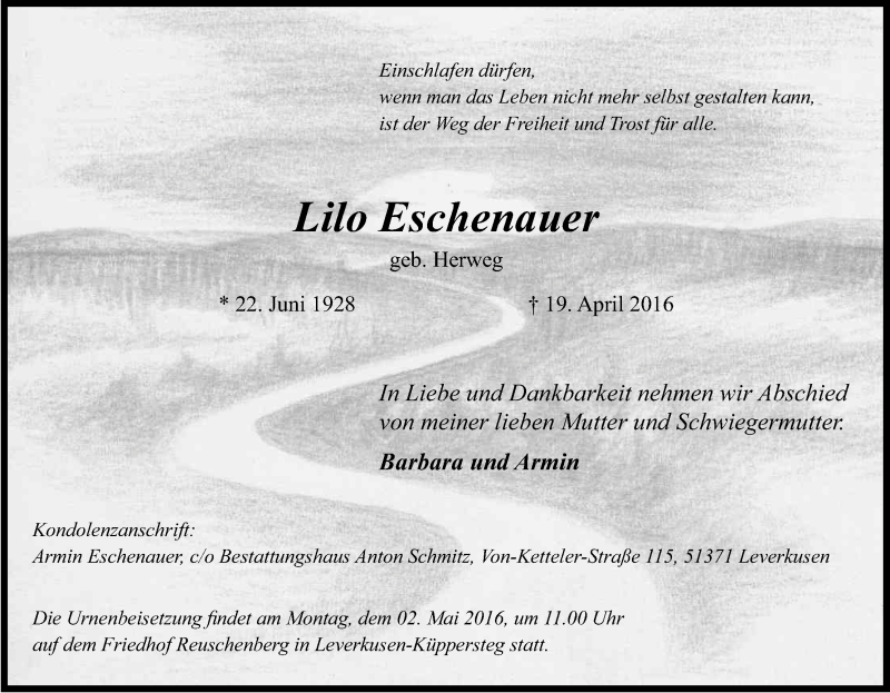  Traueranzeige für Lilo Eschenauer vom 27.04.2016 aus Kölner Stadt-Anzeiger / Kölnische Rundschau / Express